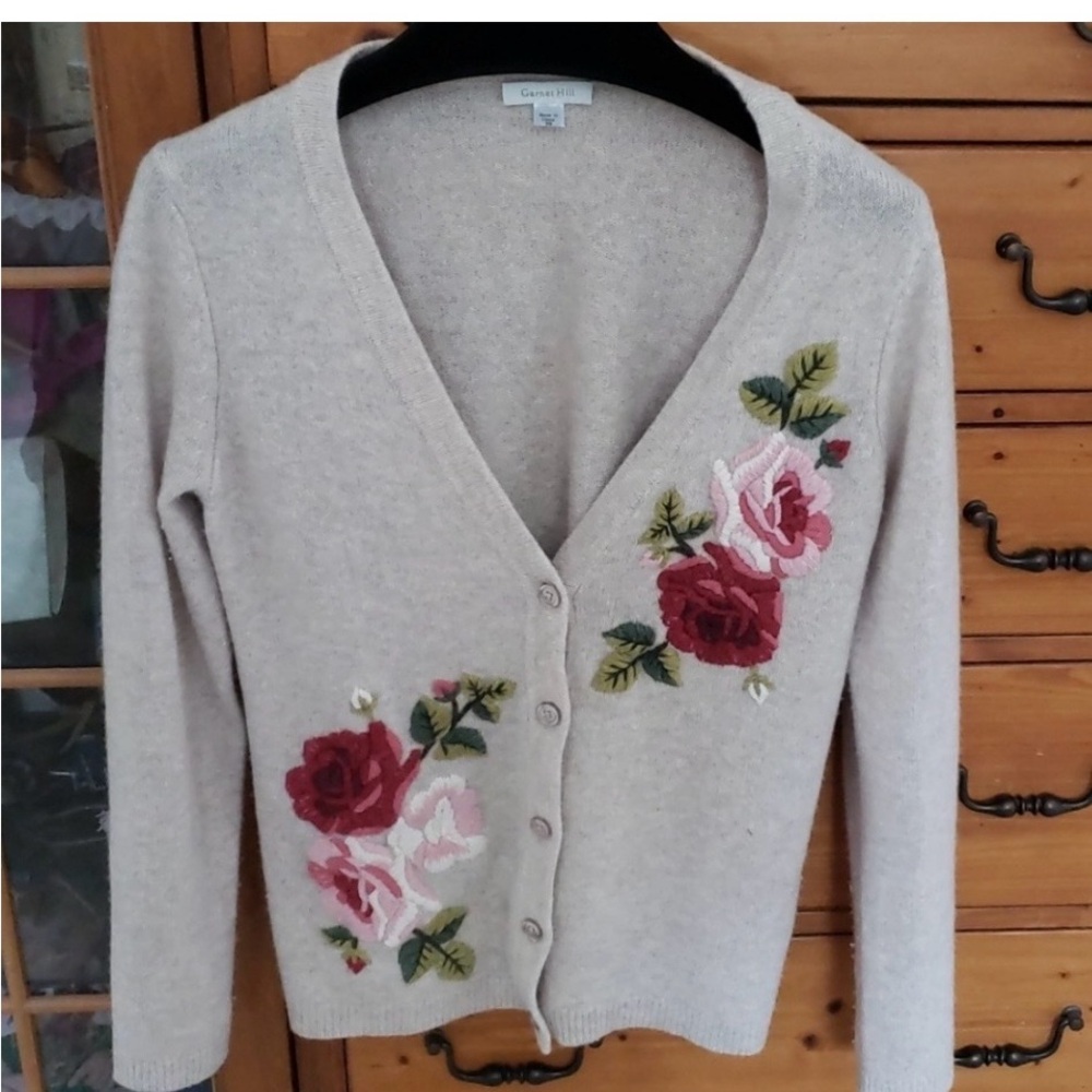 Garnet Hill Beige Cardigan with Floral Embroidery